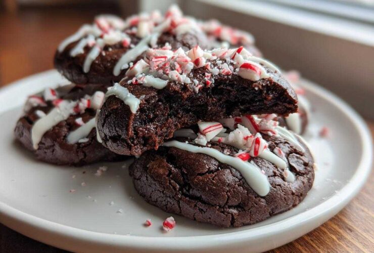 Close-up of rich double chocolate peppermint cookies drizzled with white icing and topped with crushed candy canes.