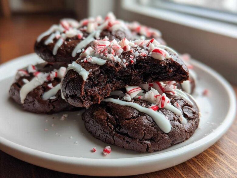Close-up of rich double chocolate peppermint cookies drizzled with white icing and topped with crushed candy canes.