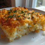 Close-up of a serving of cheesy potato casserole with a golden, melted cheese and crispy topping.