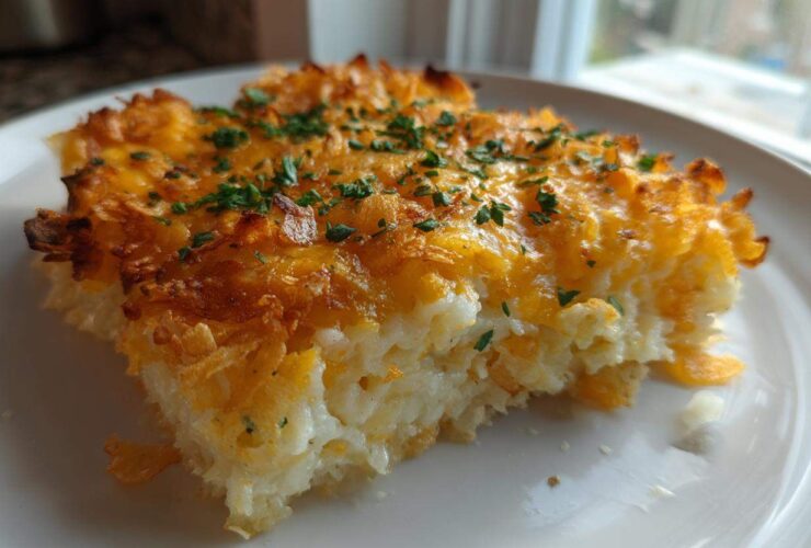 Close-up of a serving of cheesy potato casserole with a golden, melted cheese and crispy topping.