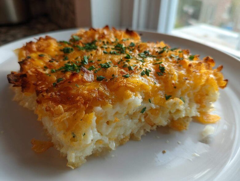 Close-up of a serving of cheesy potato casserole with a golden, melted cheese and crispy topping.
