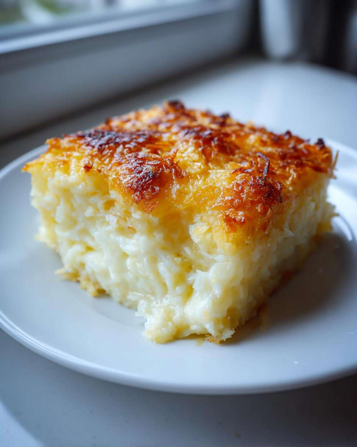 A square serving of creamy, cheesy potato casserole with a deeply browned, bubbly cheese crust.