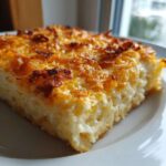 A close-up serving of cheesy potato casserole with a deeply golden, crispy cheese topping.