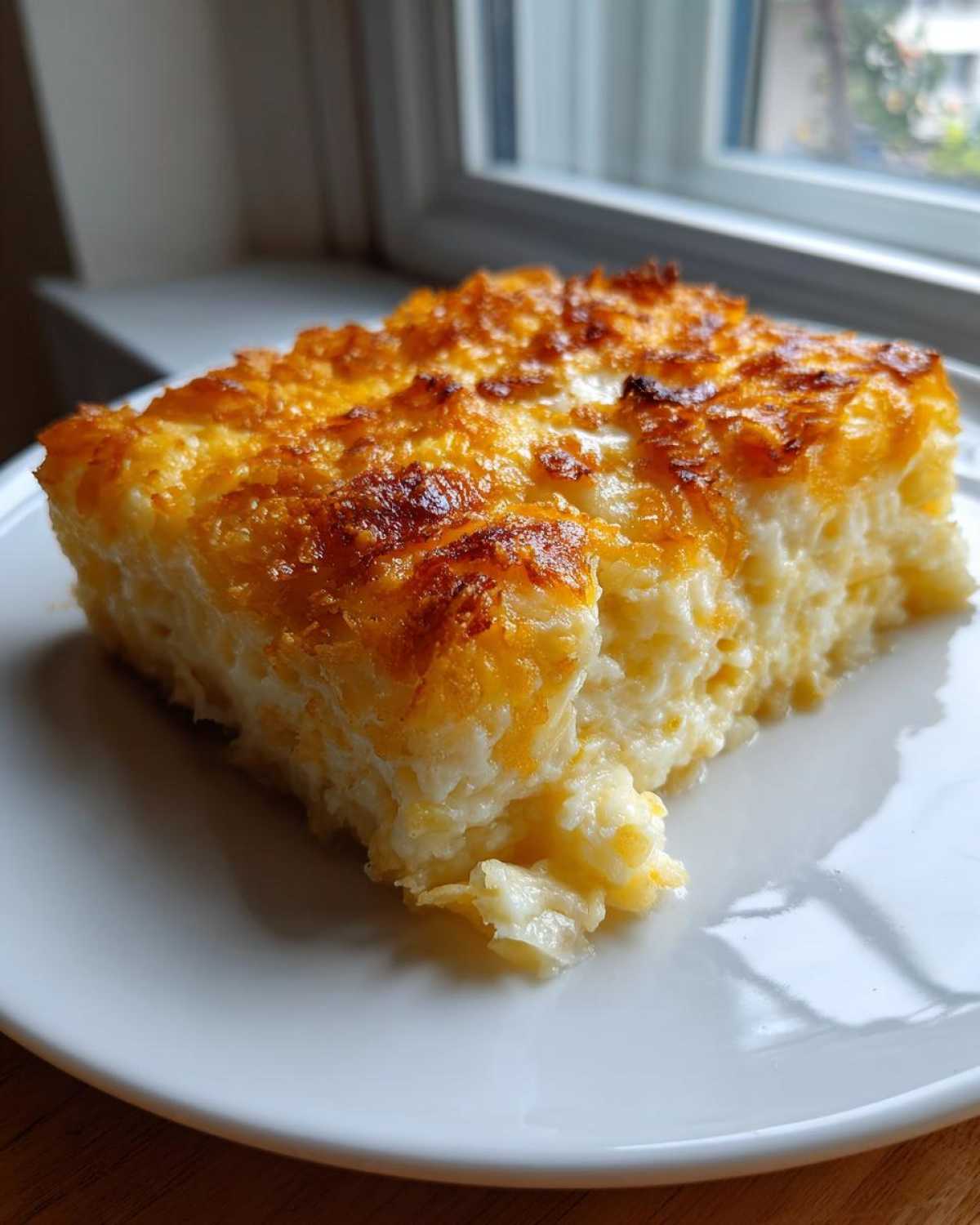 A square slice of creamy, baked cheesy potato casserole with a deeply browned, golden cheese crust.