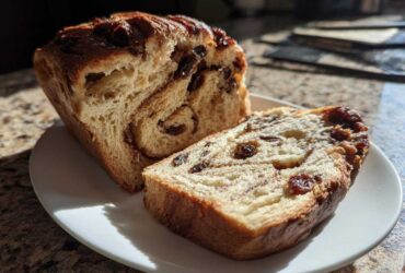 A loaf of soft raisin bread, partially sliced, showing the swirl of cinnamon and plump raisins inside.