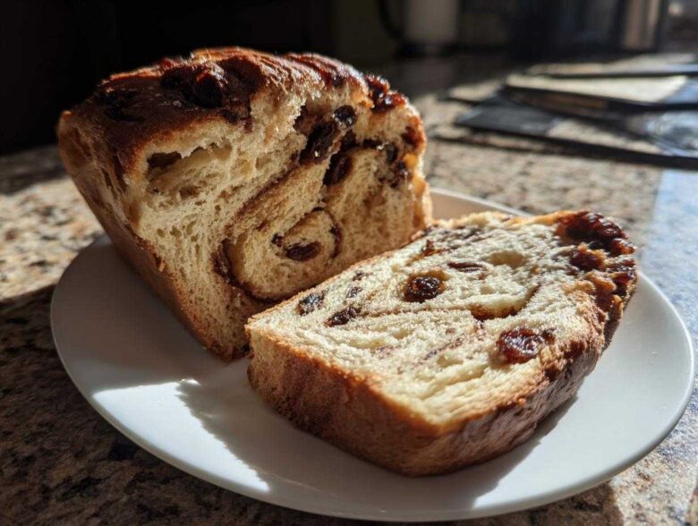 A loaf of soft raisin bread, partially sliced, showing the swirl of cinnamon and plump raisins inside.