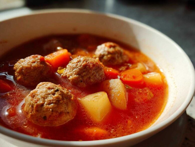 Close-up of a white bowl filled with rich, red broth albondigas soup featuring large meatballs, carrots, and potatoes.