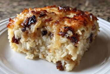 A close-up of a square serving of french onion butter rice, showing creamy rice grains and a deeply caramelized, cheesy top layer.