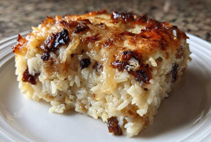 A close-up of a square serving of french onion butter rice, showing creamy rice grains and a deeply caramelized, cheesy top layer.