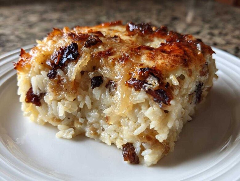 A close-up of a square serving of french onion butter rice, showing creamy rice grains and a deeply caramelized, cheesy top layer.