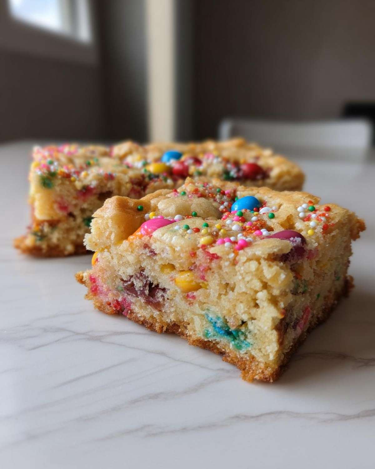 A close-up of two thick, chewy christmas cookie bars topped with colorful sprinkles and candy pieces on a white marble surface.