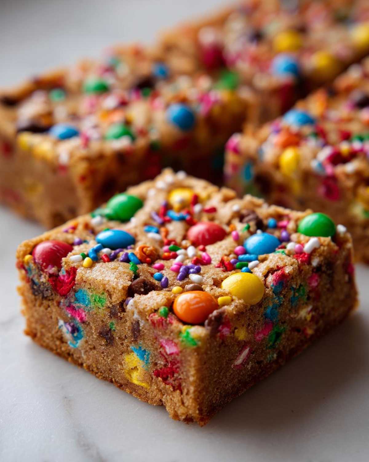 A close-up of a square christmas cookie bars loaded with colorful M&M-style candies and sprinkles.