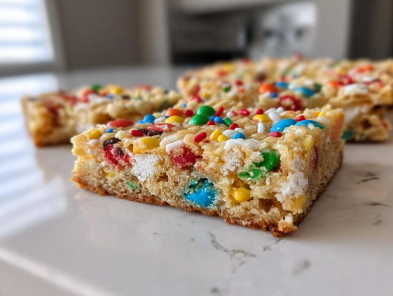 A close-up shot of a thick, chewy christmas cookie bars piece topped with colorful M&Ms and sprinkles.