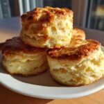 A stack of four golden-brown, flaky buttermilk scones with a rich, browned top, resting on a white plate.