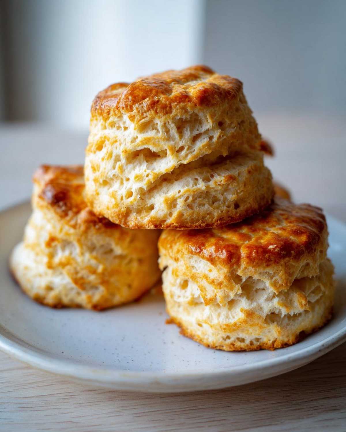 Close-up of three tall, flaky buttermilk scones stacked on a light ceramic plate, showing golden brown tops.