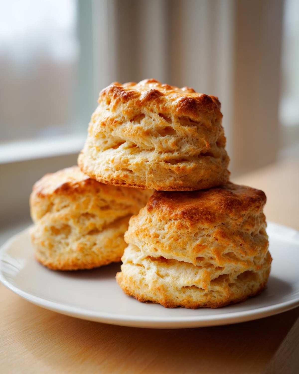 Three tall, golden brown, flaky buttermilk scones stacked on a white plate.