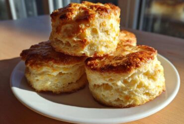 A stack of four golden-brown, flaky buttermilk scones with a rich, browned top, resting on a white plate.