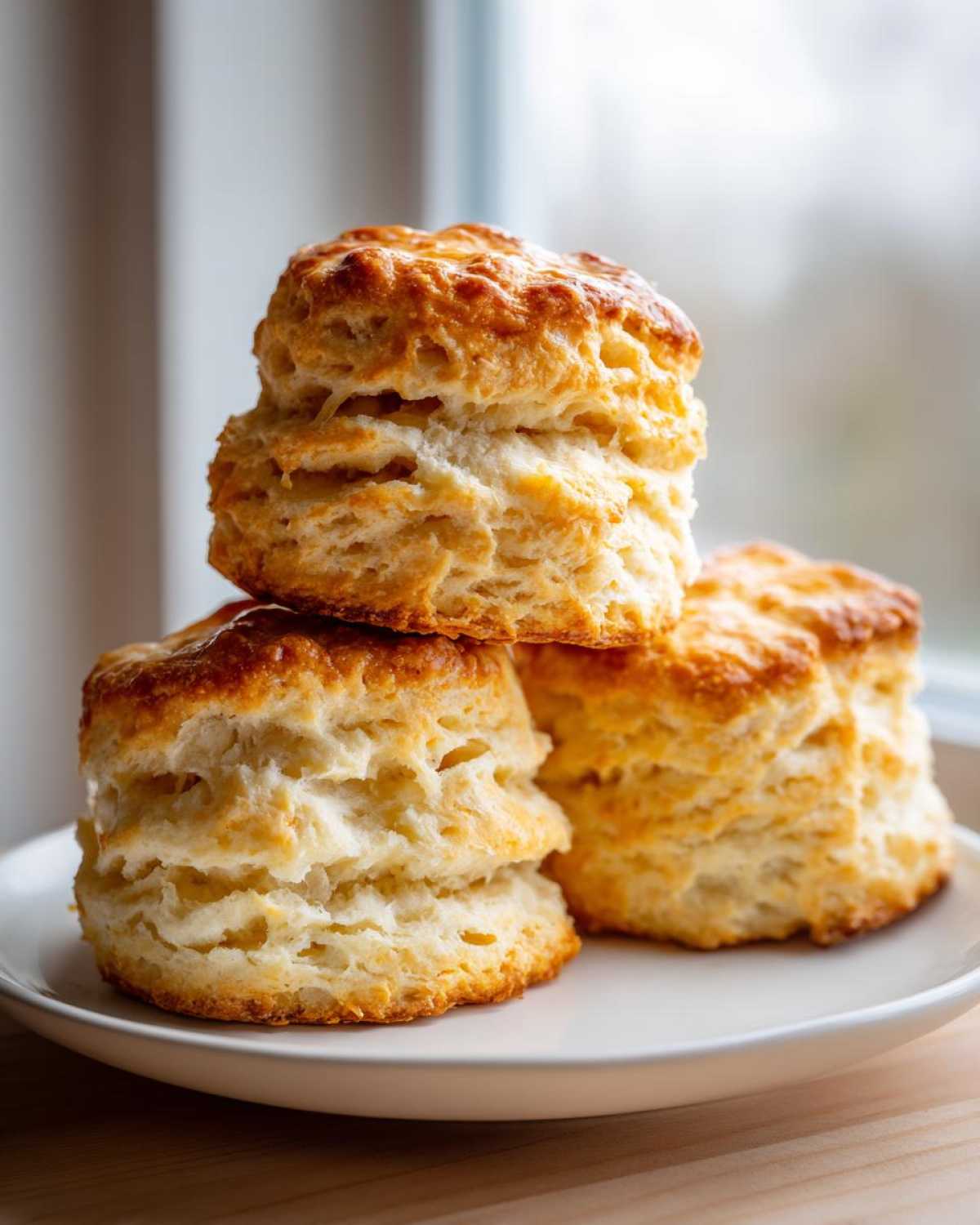 Three tall, flaky buttermilk scones stacked and placed on a white plate near a window.