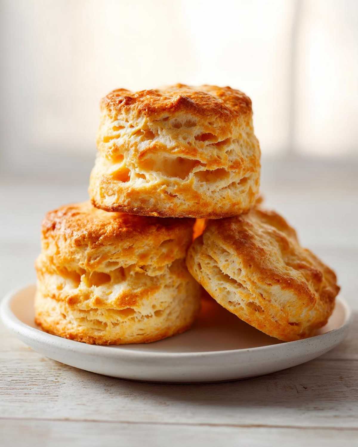 Three tall, flaky buttermilk scones stacked on a small white plate, showing golden brown tops.