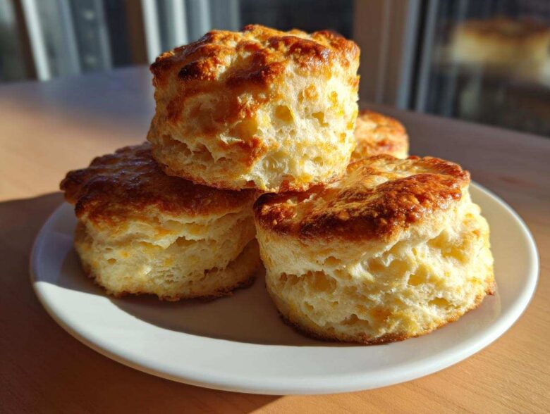 A stack of four golden-brown, flaky buttermilk scones with a rich, browned top, resting on a white plate.