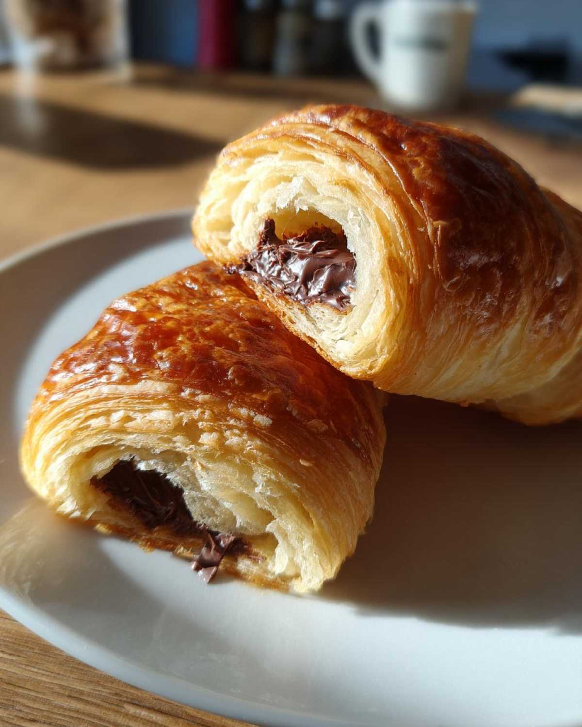 A flaky, golden-brown chocolate croissant cut in half, revealing melted chocolate filling inside.