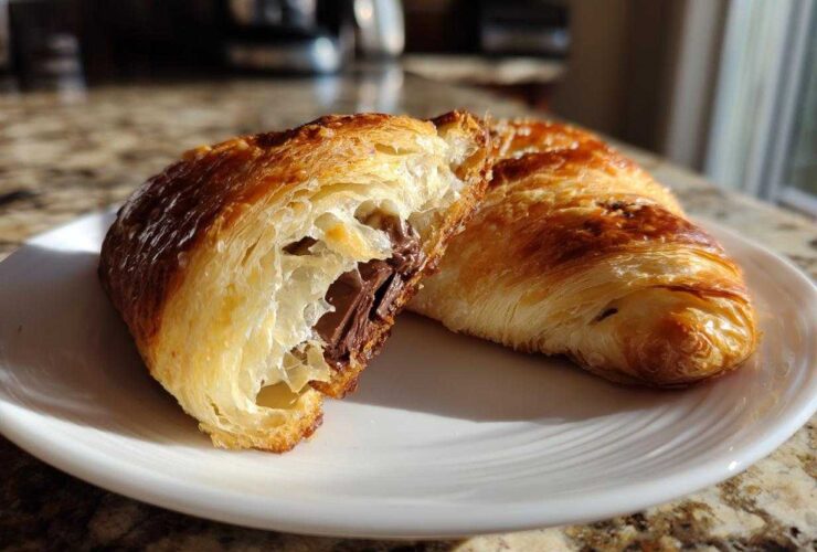 A flaky, golden brown chocolate croissant cut in half on a white plate, revealing melted chocolate filling.
