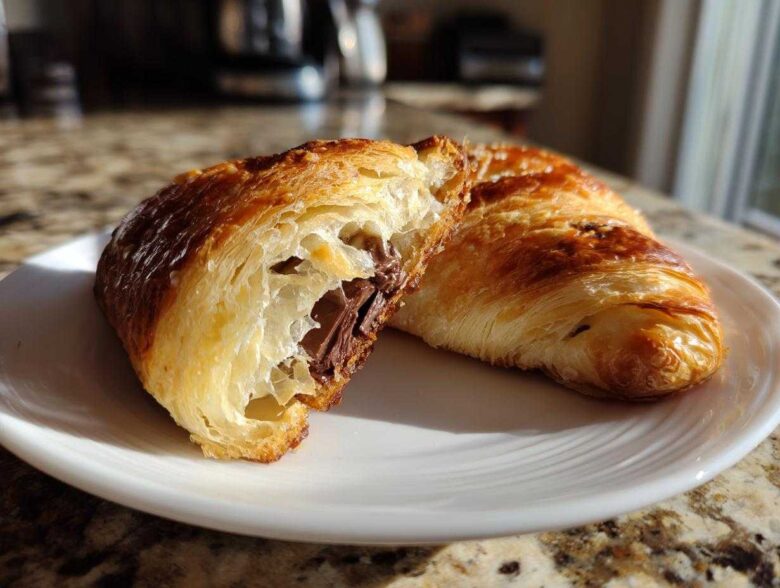 A flaky, golden brown chocolate croissant cut in half on a white plate, revealing melted chocolate filling.