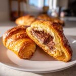 A flaky, golden brown chocolate croissant cut in half revealing melted chocolate filling.