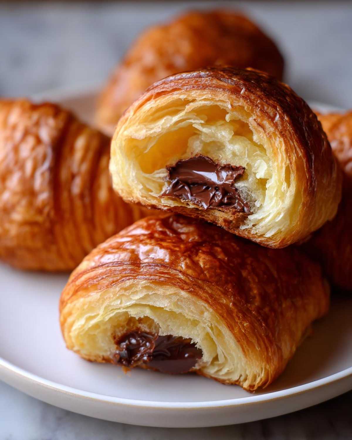 Close-up of a flaky chocolate croissant cut in half, revealing melted chocolate filling inside the layers.