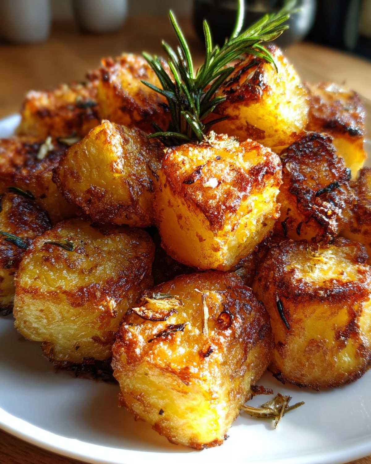 Close-up of golden, crispy roast potatoes seasoned with herbs and garnished with fresh rosemary.