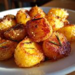 Close-up of perfectly golden and crispy roast potatoes seasoned with fresh rosemary sprigs.