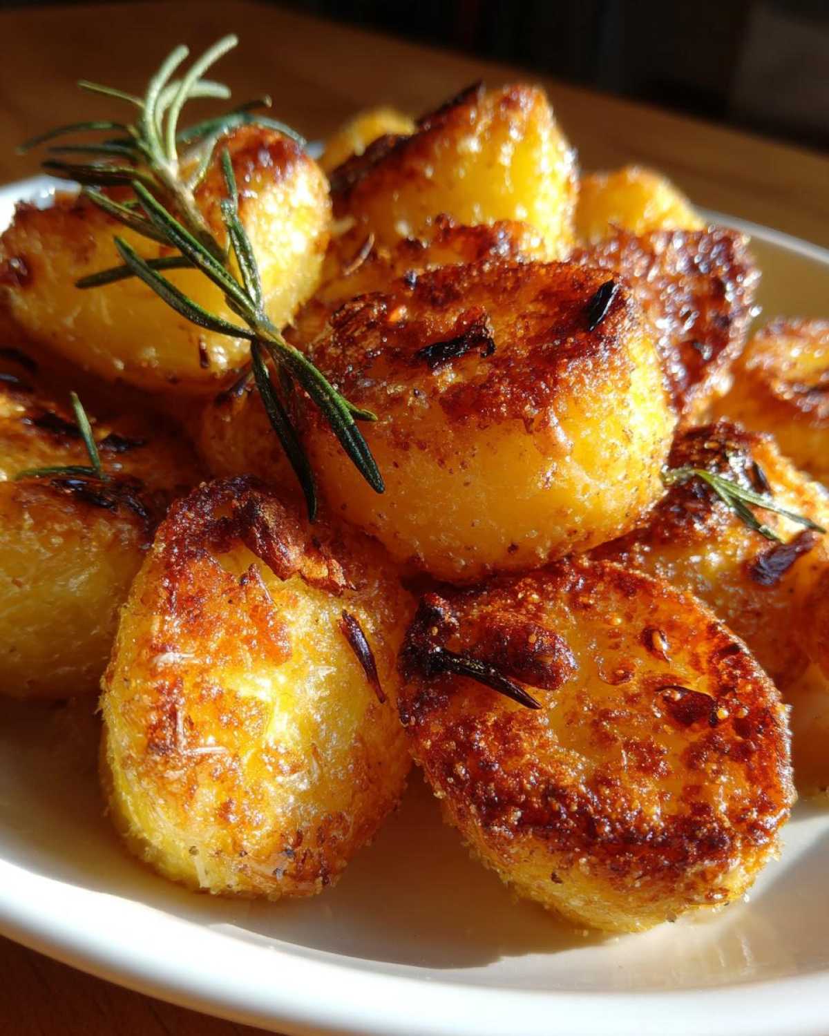 Close-up of golden, crispy roast potatoes seasoned with rosemary sprigs on a white plate.