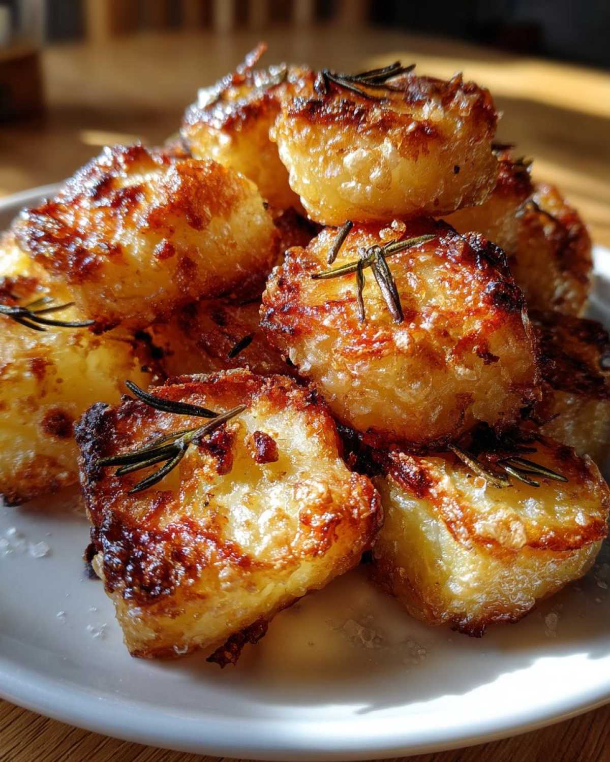 Close-up of a pile of golden brown, crispy roast potatoes garnished with fresh rosemary sprigs.