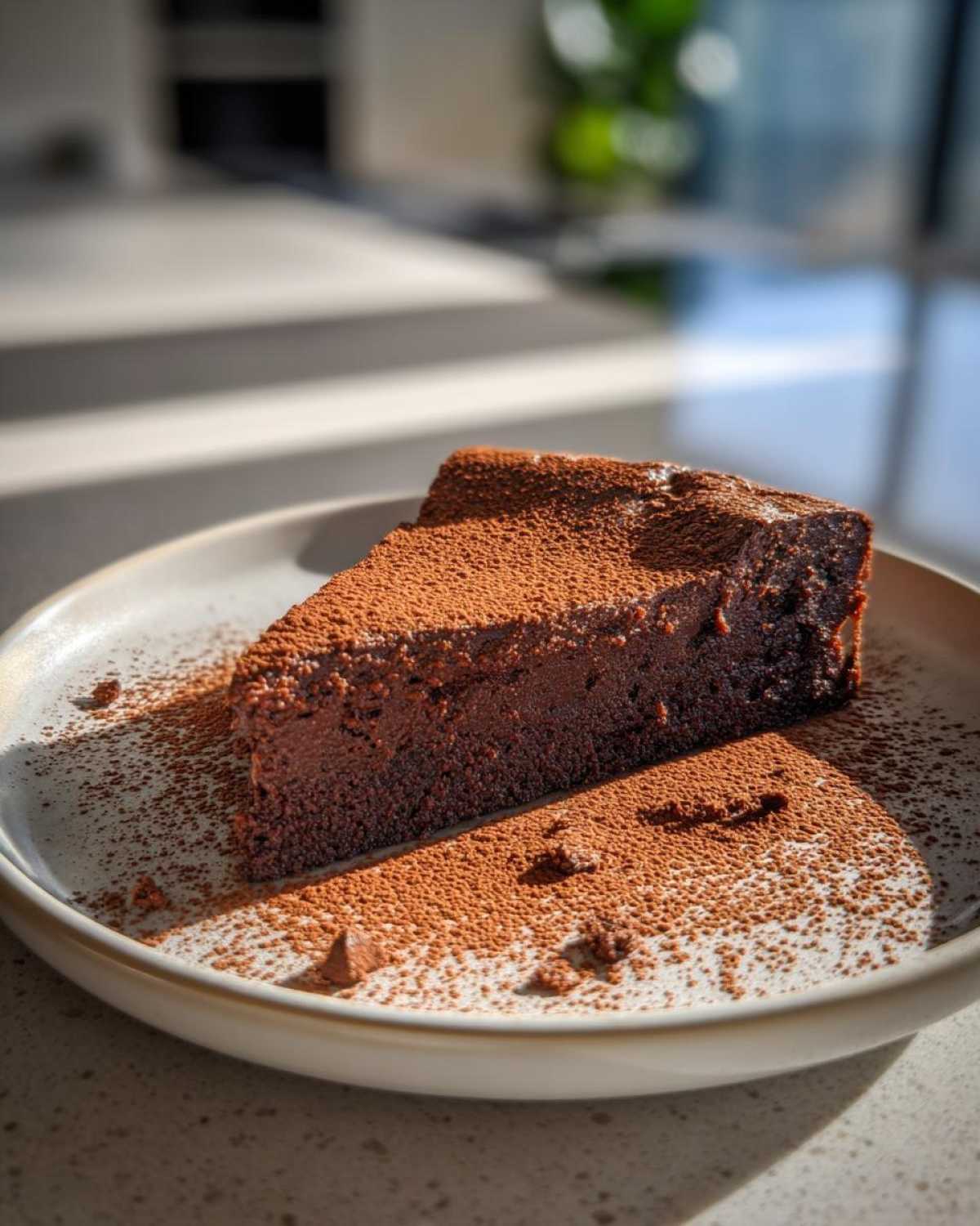 A rich slice of flourless chocolate torte dusted heavily with cocoa powder on a light plate.