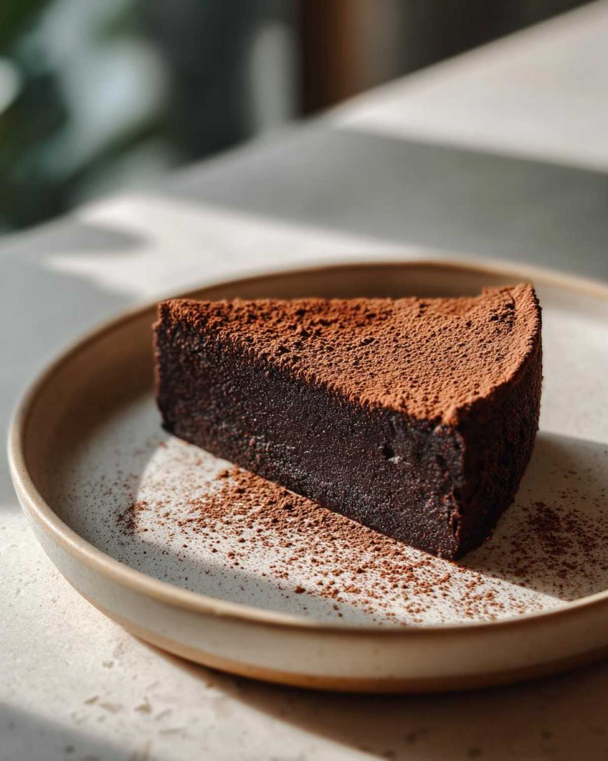 A decadent slice of flourless chocolate torte dusted heavily with cocoa powder, served on a speckled ceramic plate.