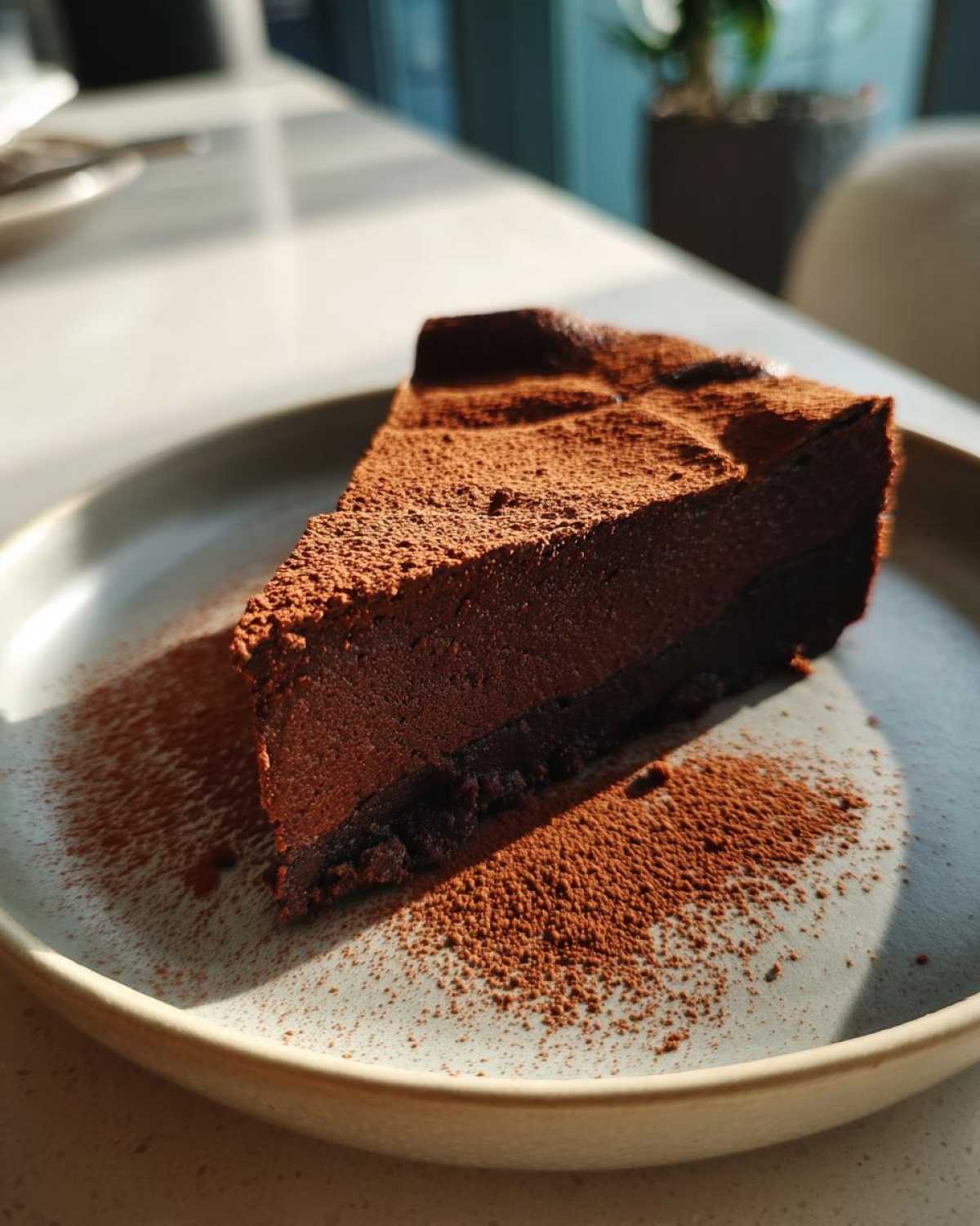 A decadent slice of flourless chocolate torte dusted heavily with cocoa powder on a speckled plate.