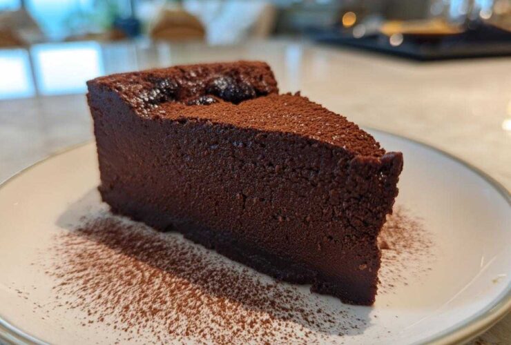 A dense, dark slice of flourless chocolate torte dusted with cocoa powder, served on a white plate.