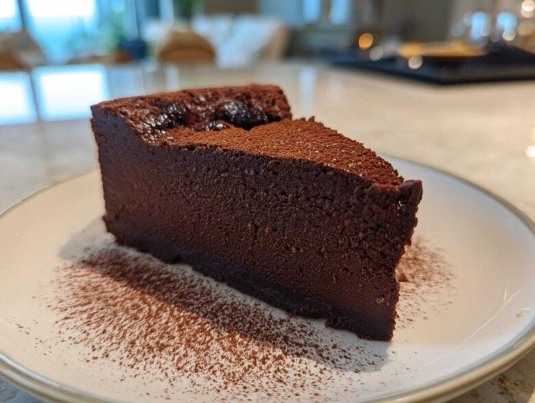 A dense, dark slice of flourless chocolate torte dusted with cocoa powder, served on a white plate.
