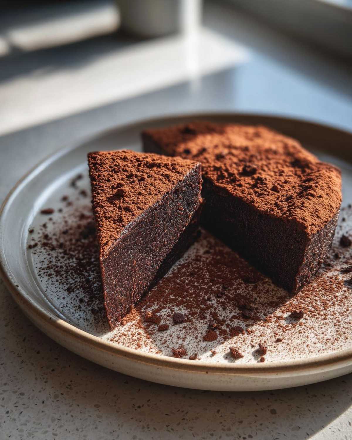 Two slices of dense, dark flourless chocolate torte dusted heavily with cocoa powder on a speckled plate.
