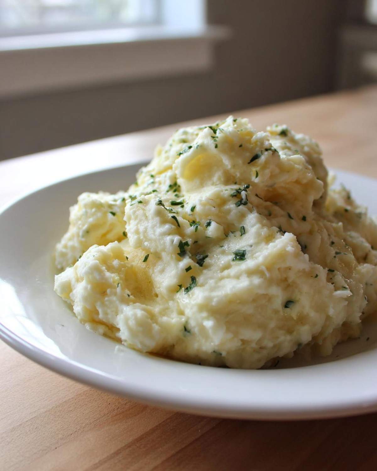 A generous serving of fluffy boursin mashed potatoes topped with melted butter and fresh chopped chives.