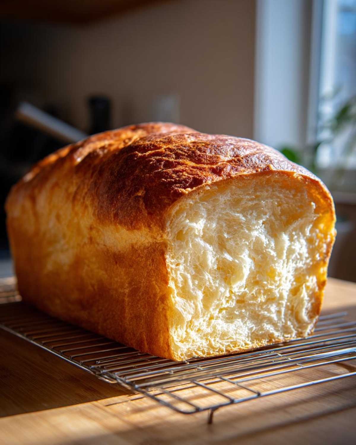 A freshly baked loaf of soft, fluffy condensed milk bread with a golden-brown crust resting on a wire cooling rack.