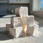 A stack of six fluffy homemade marshmallows heavily dusted with powdered sugar on a white countertop.