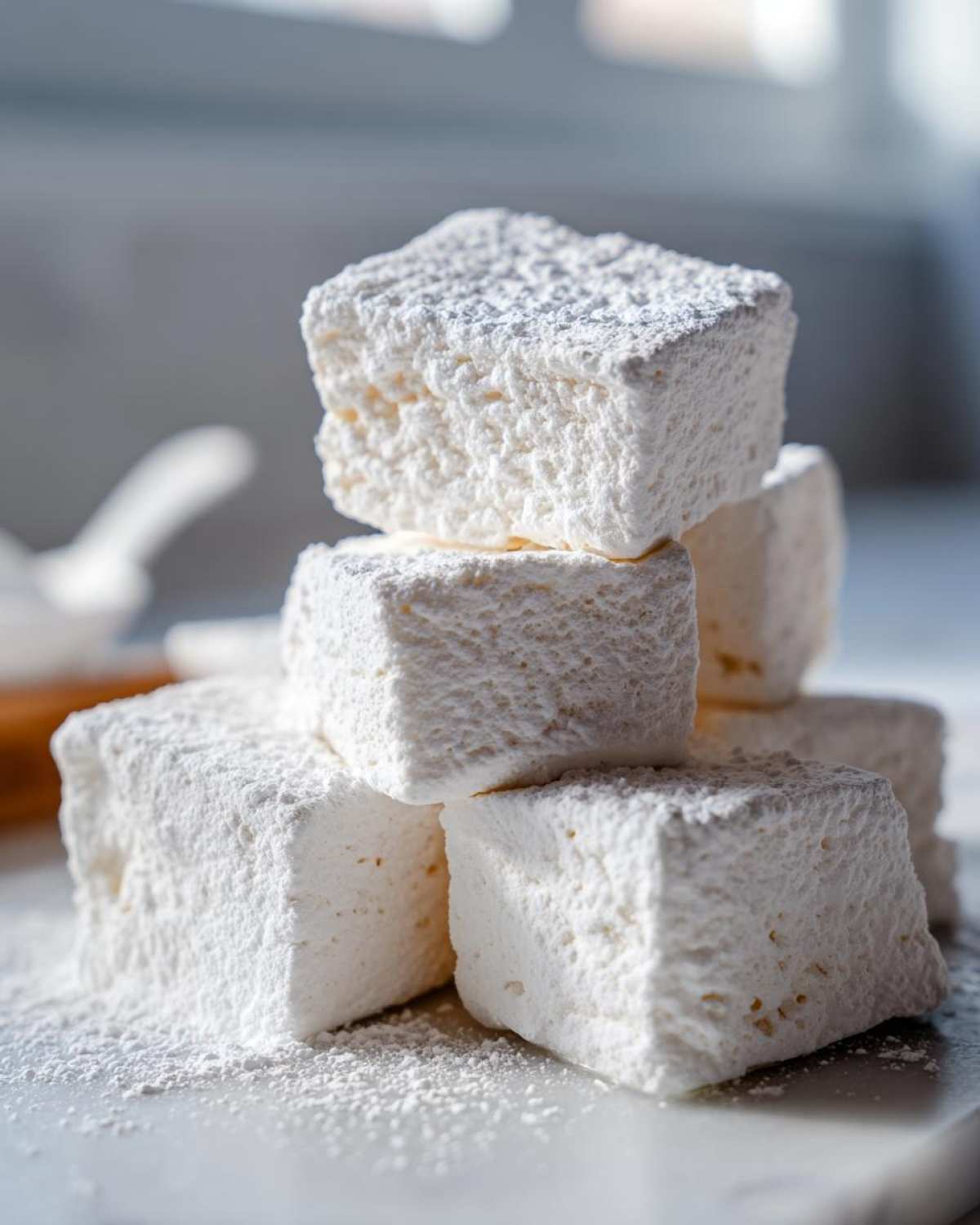 A close-up stack of fluffy, square homemade marshmallows dusted heavily with powdered sugar.