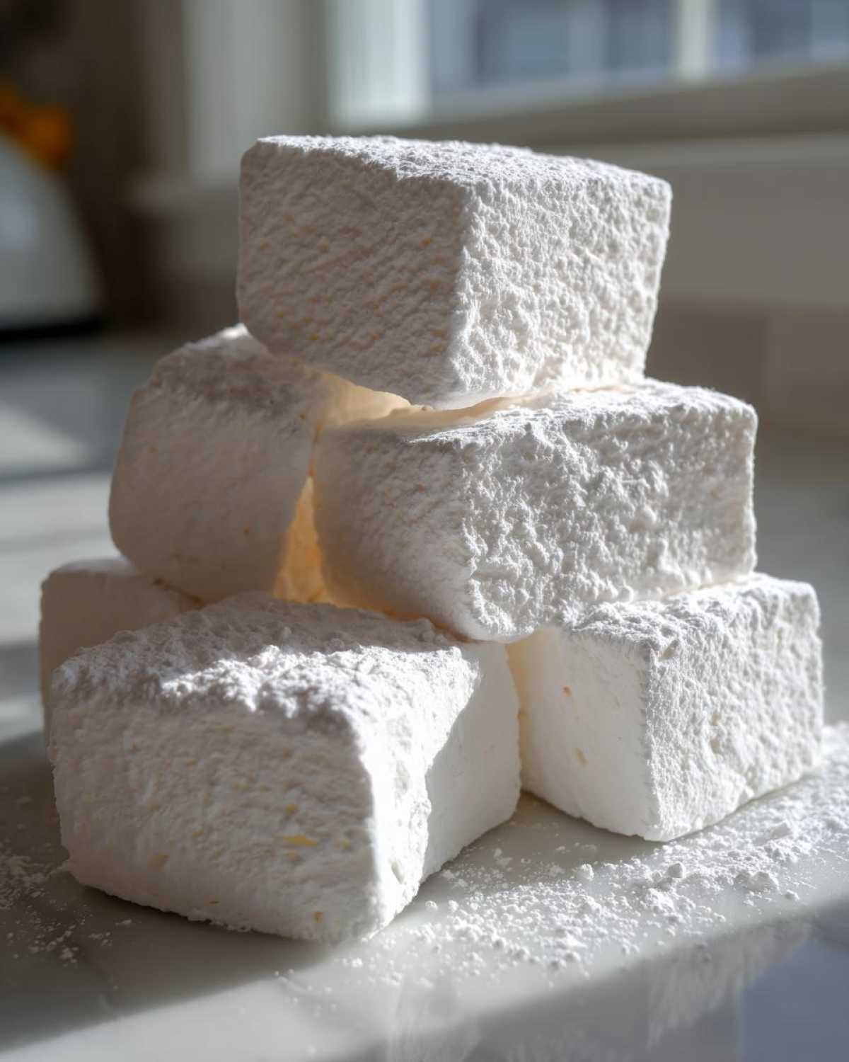 A stack of six large, fluffy homemade marshmallows generously dusted with white powdered sugar.