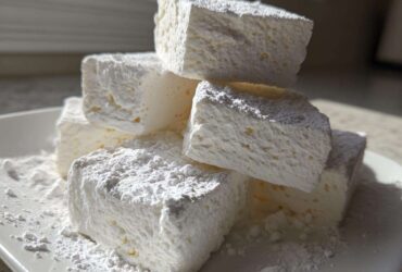 A stack of large, white, fluffy homemade marshmallows dusted heavily with powdered sugar on a white plate.