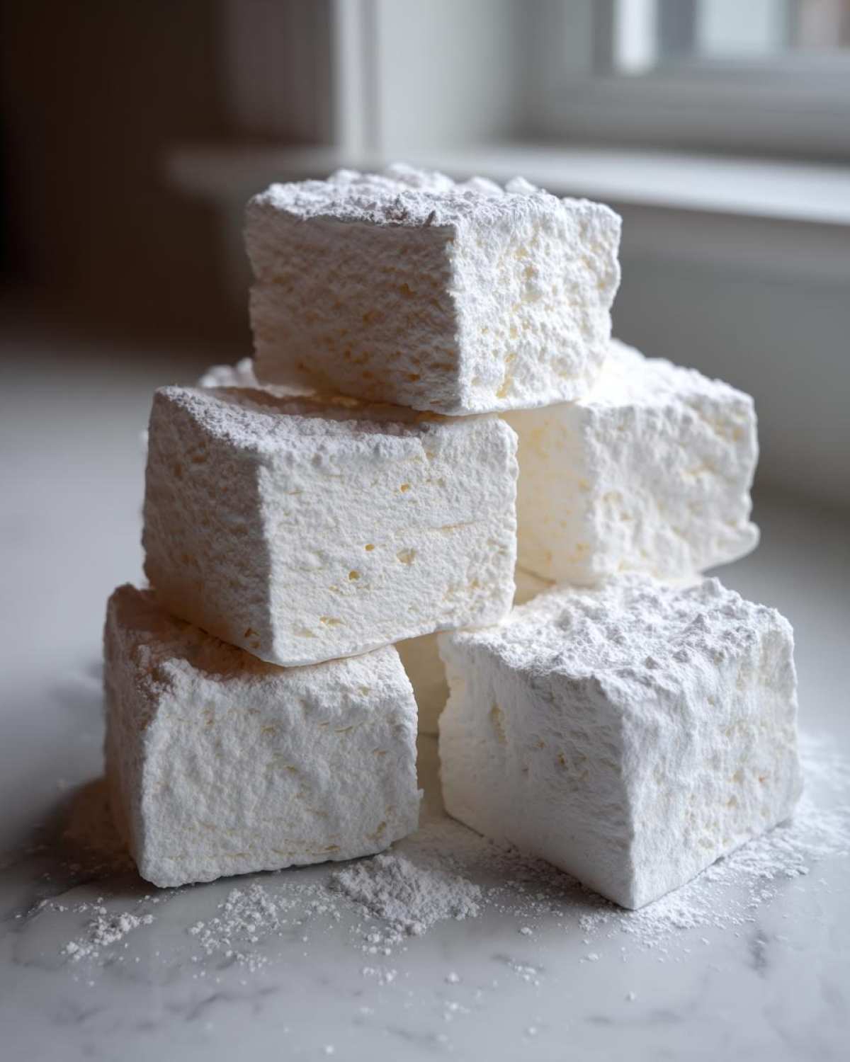 A stack of five large, fluffy homemade marshmallows dusted heavily with powdered sugar on a white marble surface.