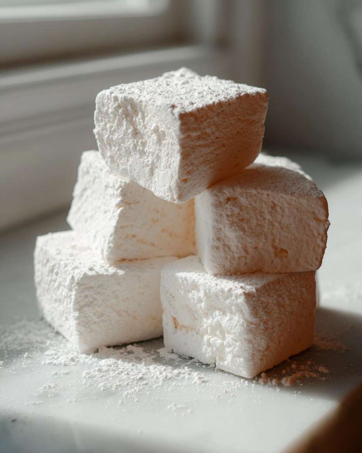 A stack of five large, fluffy homemade marshmallows dusted heavily with powdered sugar on a light surface.