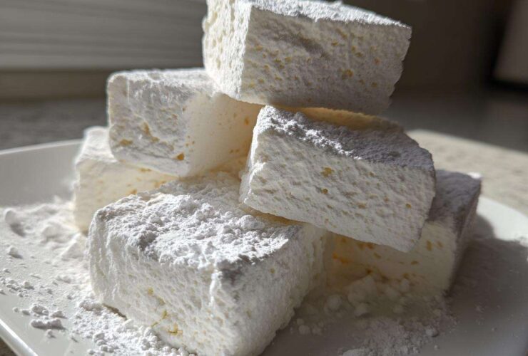 A stack of large, white, fluffy homemade marshmallows dusted heavily with powdered sugar on a white plate.