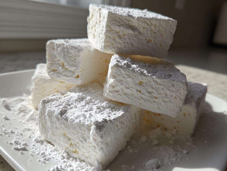 A stack of large, white, fluffy homemade marshmallows dusted heavily with powdered sugar on a white plate.