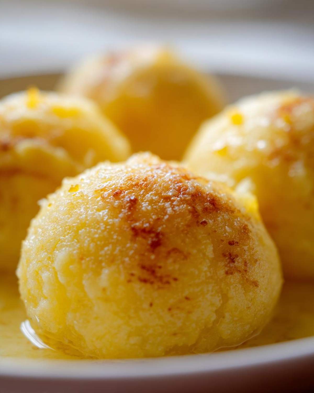 Close-up of fluffy potato dumplings served in melted butter, featuring a light brown, toasted topping.